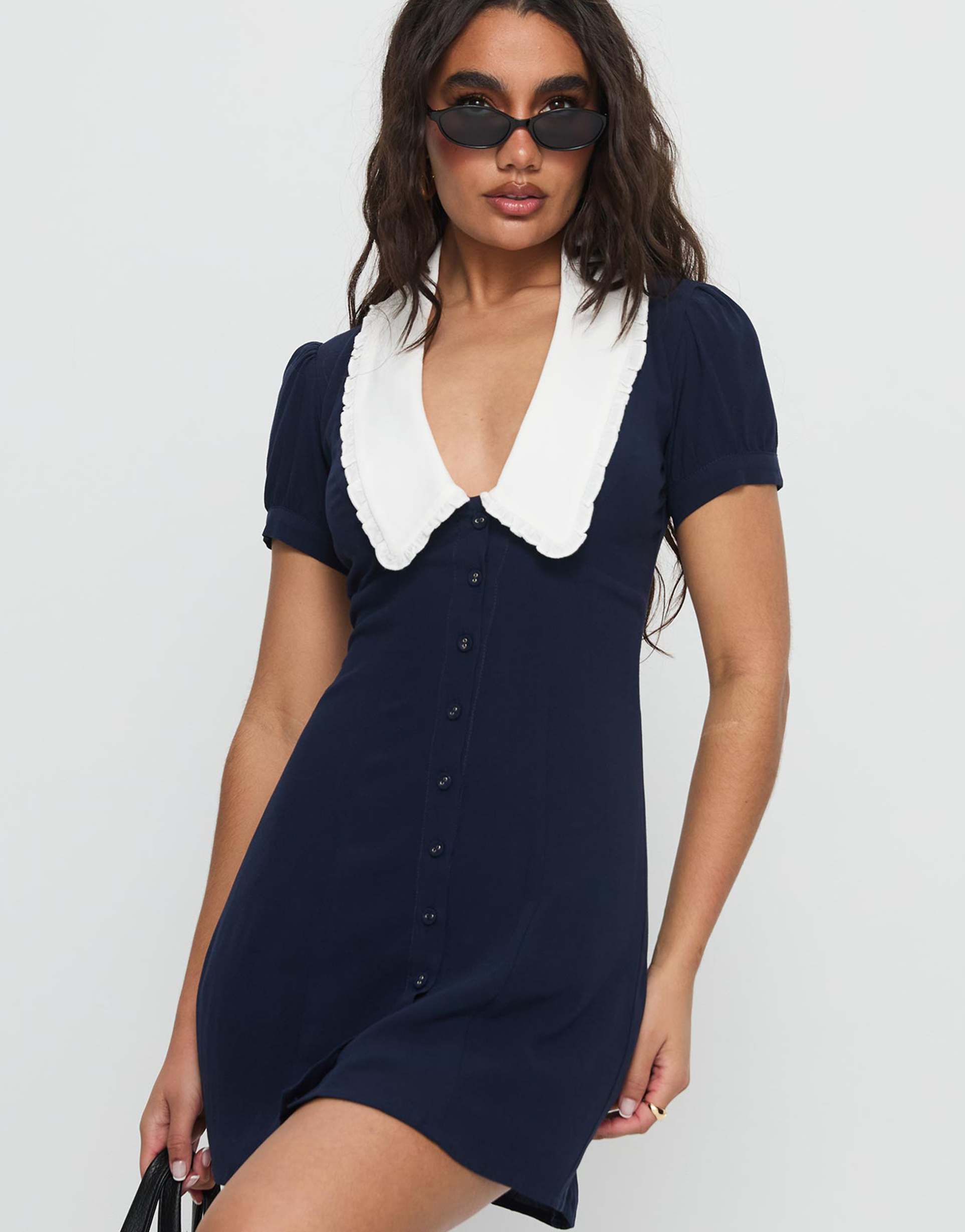 princess polly fabiola contrast collared button up tie back mini dress in navy