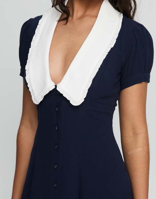 Princess Polly Fabiola contrast collared button up tie back mini dress in  navy | ASOS