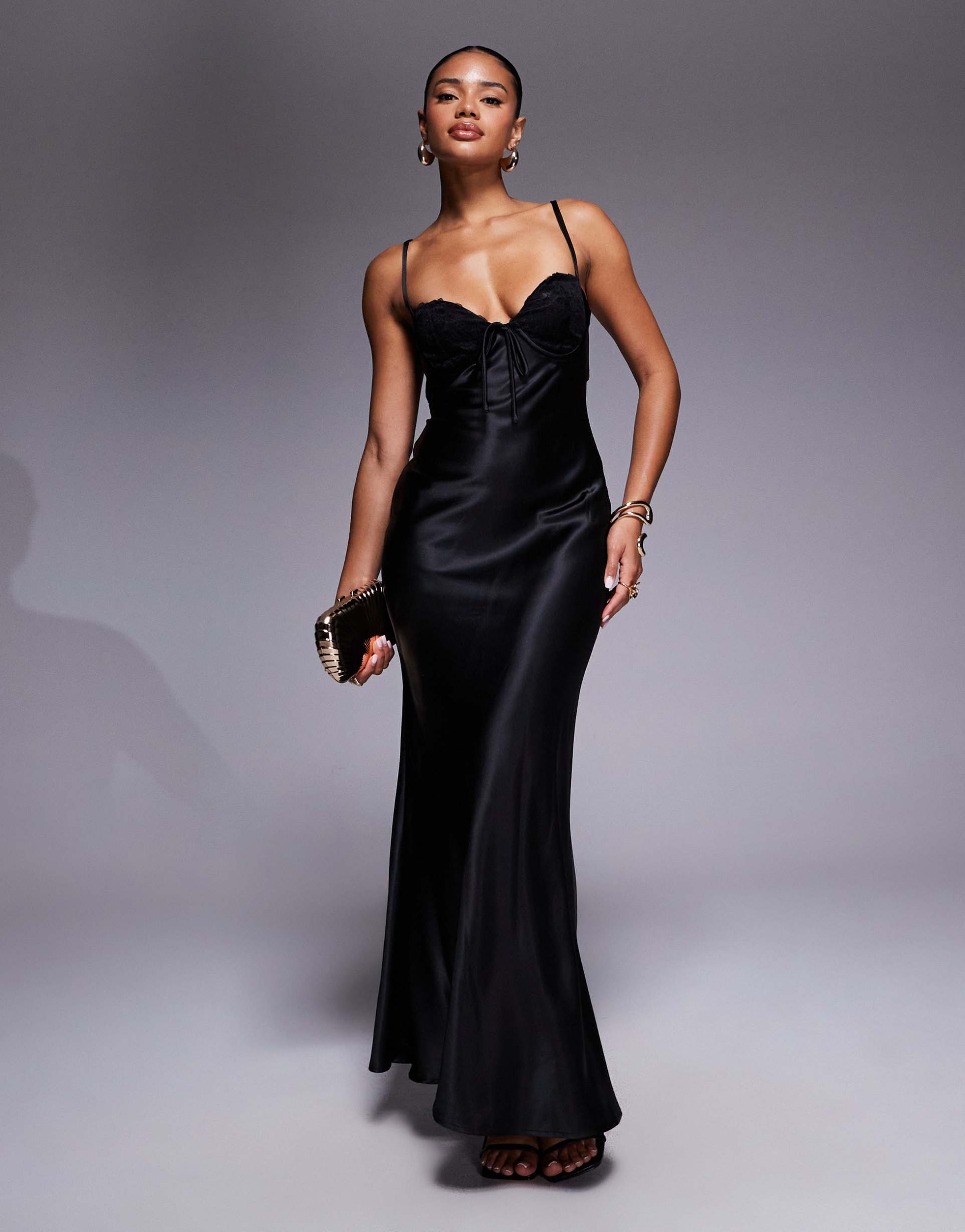 princess polly fadyen satin lace cup open strap detail back detail maxi dress in black