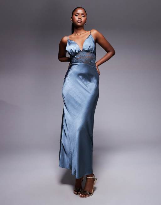 Princess Polly - Faera - Vestito lungo blu in raso con inserti in pizzo e spalline sottili, 2 di 4