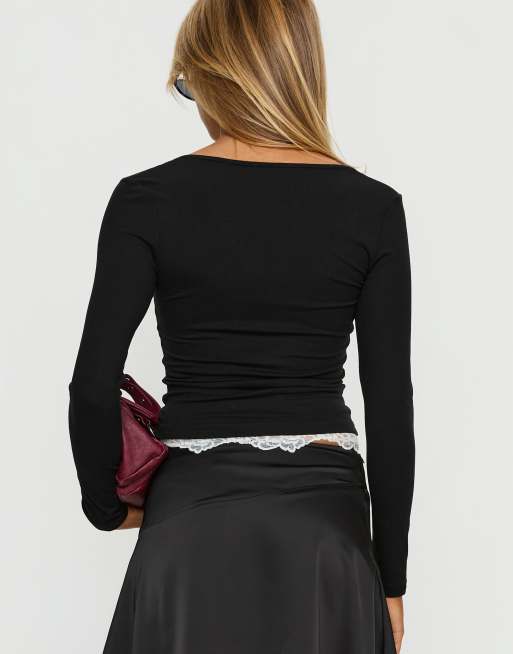 Princess Polly - Falling Through - Top a maniche lunghe nero con scollo rotondo e dettagli in pizzo, 3 di 4