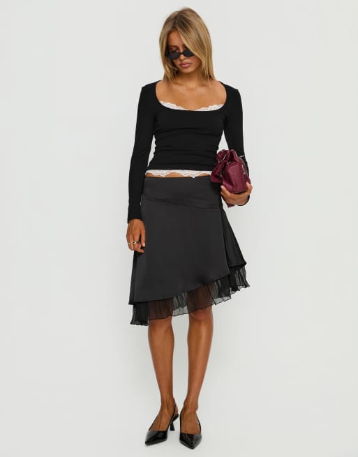 Princess Polly - Falling Through - Top a maniche lunghe nero con scollo rotondo e dettagli in pizzo, 4 di 4