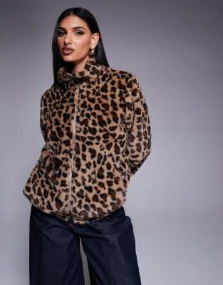 faux fur zip up jacket in leopard print-Multi