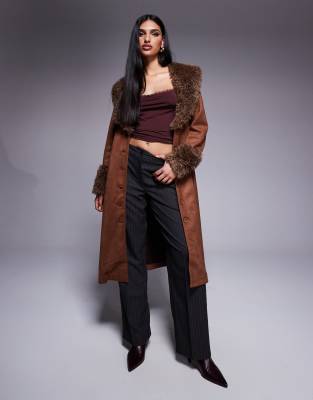 faux shearling oversized collar and cuffs Penny Lane coat in brown