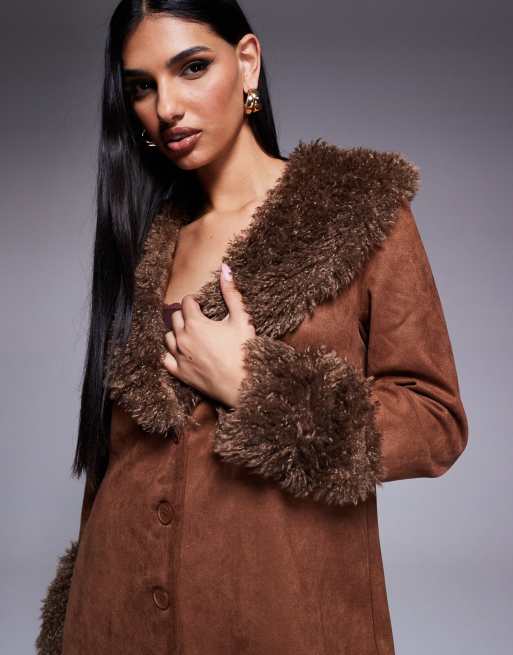 Princess Polly faux shearling oversized collar and cuffs Penny Lane coat in brown