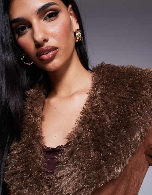 Princess Polly faux shearling oversized collar and cuffs Penny Lane coat in brown