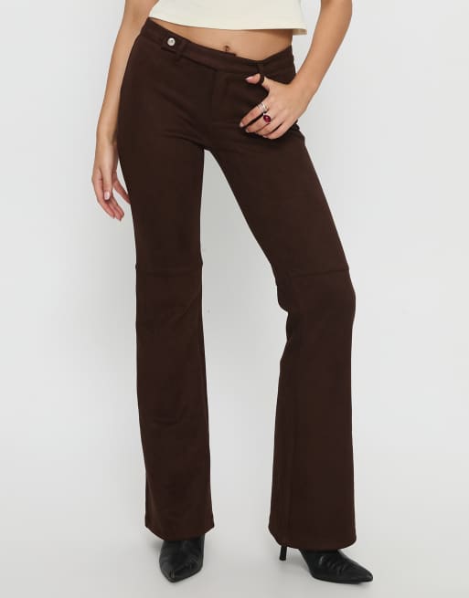Princess Polly faux suede button front detail flare pants in chocolate, 2 of 4