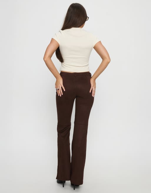 Princess Polly faux suede button front detail flare pants in chocolate, 3 of 4