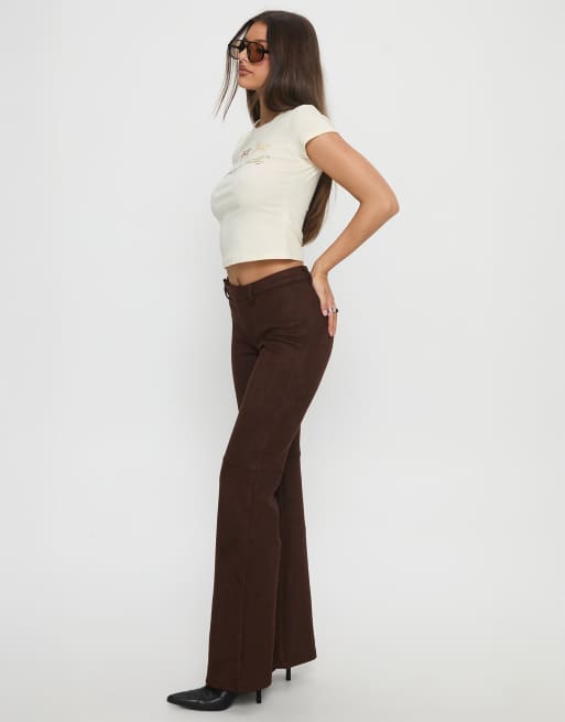 Princess Polly faux suede button front detail flare pants in chocolate, 4 of 4
