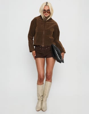 Princess Polly Faux Suede Funnel Neck Zip Up Cropped Jacket In Brown