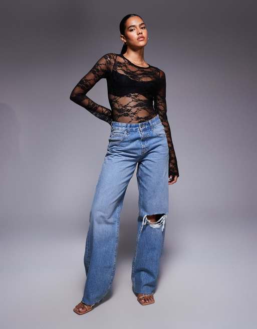 Princess Polly Feelix long sleeve sheer lace body in black, 4 of 4
