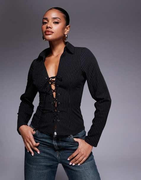 Princess Polly - Feminique - Camicia nera aperta sul davanti con lacci e motivo gessato - view 1