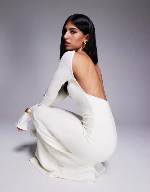 Princess Polly fine knit open back maxi dress in off white