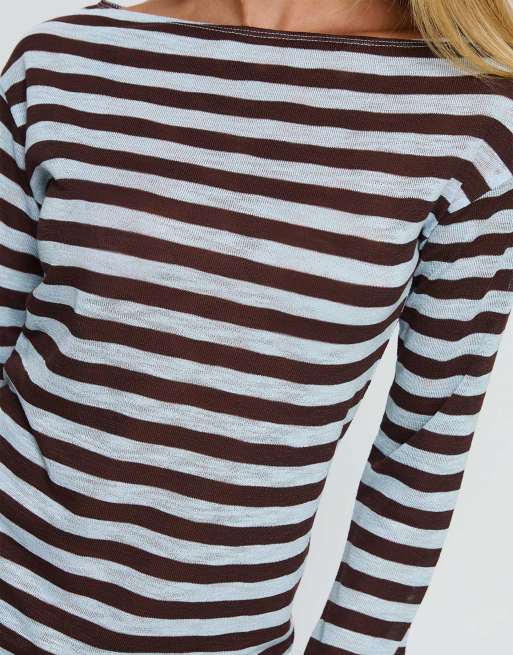 Princess Polly fine knit wide sleeve long sleeve top in blue & chocolate, 3 of 4