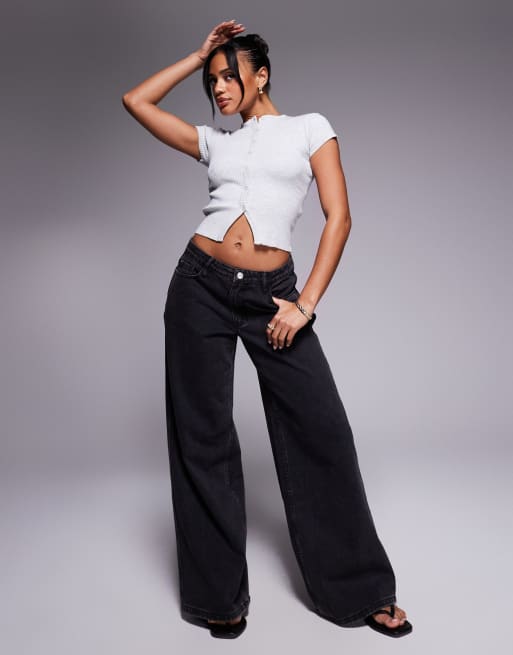 Princess Polly fine rib button through top in light grey