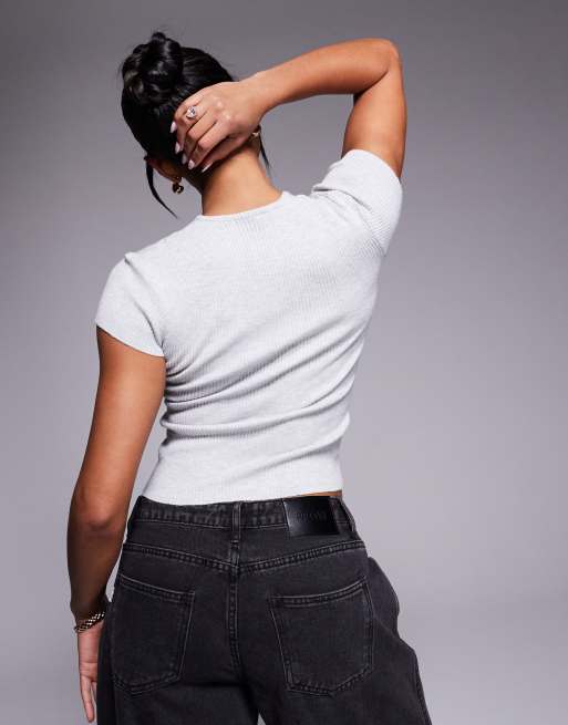 Princess Polly fine rib button through top in light grey