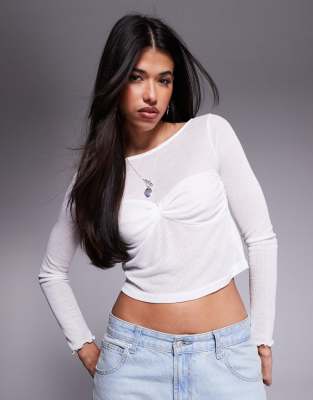 fine rib knit slash neck bust detail long sleeve top in white