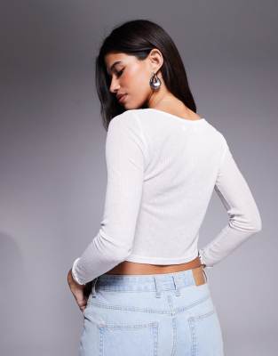 Princess Polly Fine Rib Knit Slash Neck Bust Detail Long Sleeve Top