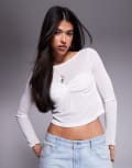 [Princess Polly] Princess Polly fine rib slash neck bust detail long sleeve top in white 14 WHITE