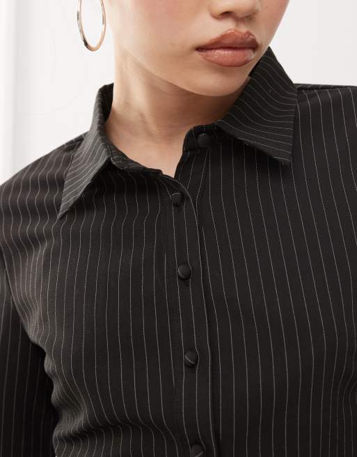 Princess Polly fitted flare sleeve shirt in charcoal pinstripe | ASOS
