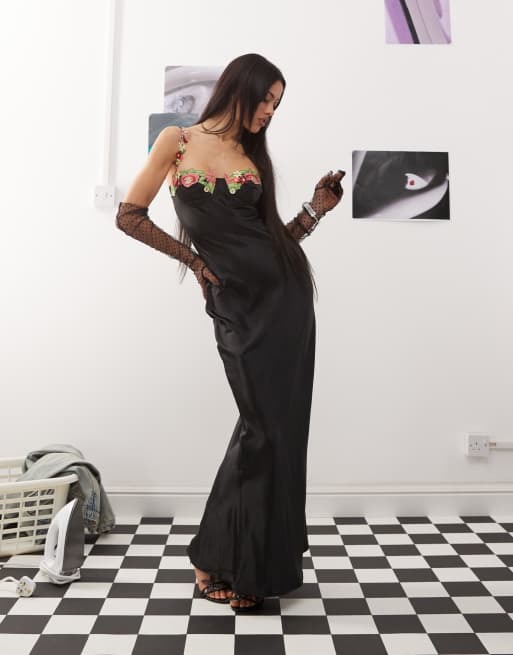 Princess Polly floral embroidered cami satin maxi slip dress in