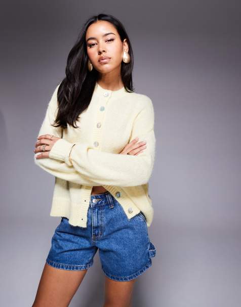 Princess Polly fluffy knit pearl button-through cardigan in yellow - view 1