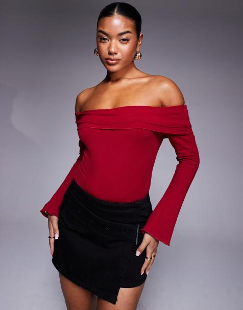 Princess Polly fold detail bardot long sleeve bodysuit in burgundy - view 1