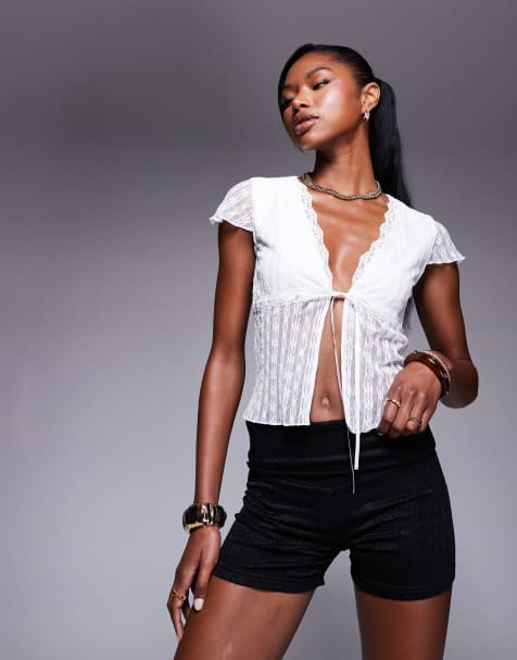 Princess Polly fold over lace mini shorts in black - view 1