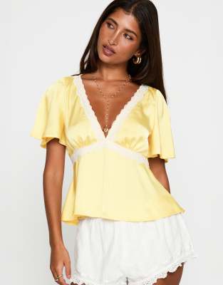 Princess Polly For The Summer satin lace trim floaty hem and sleeve top in yellow yellow 9490₽