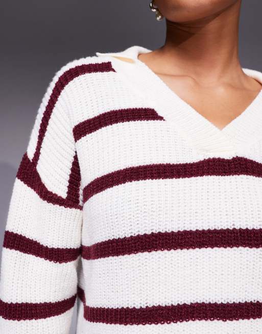 Princess Polly – Forte – Pullover mit Kragen, V-Ausschnitt und Streifen in Rot und Creme, 3 von 4
