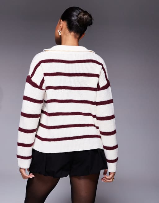 Princess Polly – Forte – Pullover mit Kragen, V-Ausschnitt und Streifen in Rot und Creme, 4 von 4