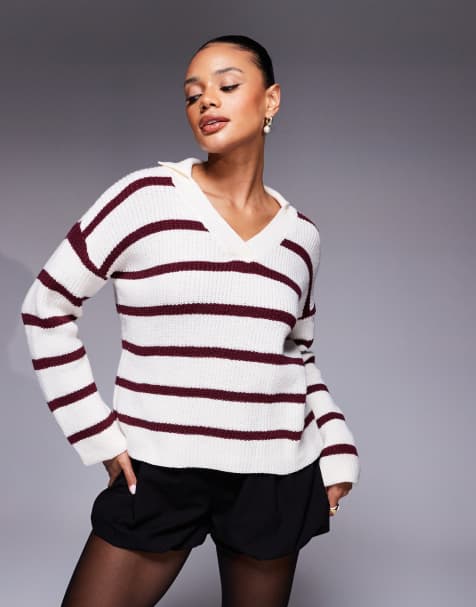 Princess Polly Forte v neck collared jumper in red & cream stripe - view 1