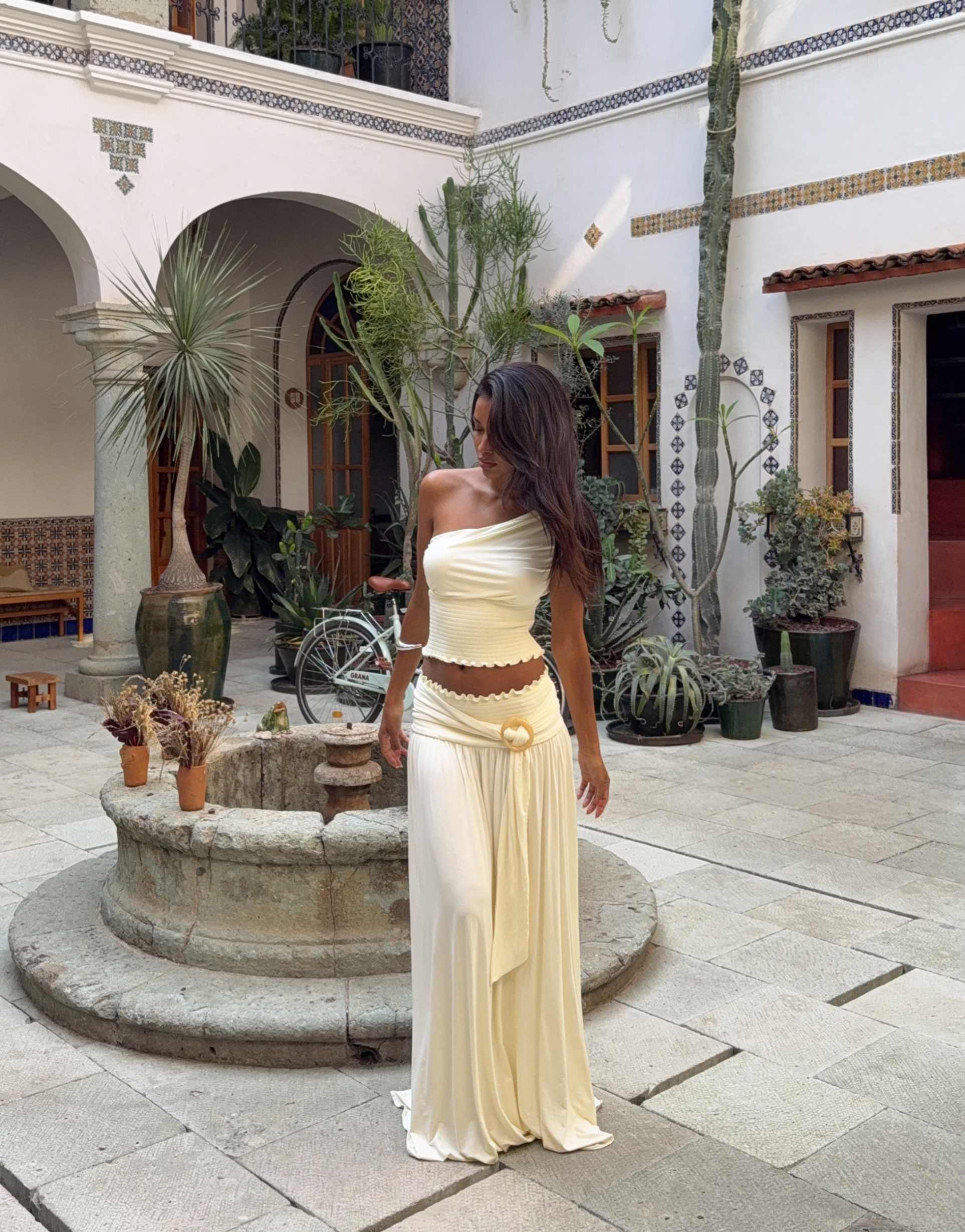princess polly full orbit one-shoulder shirred waist top in cream - part of a set