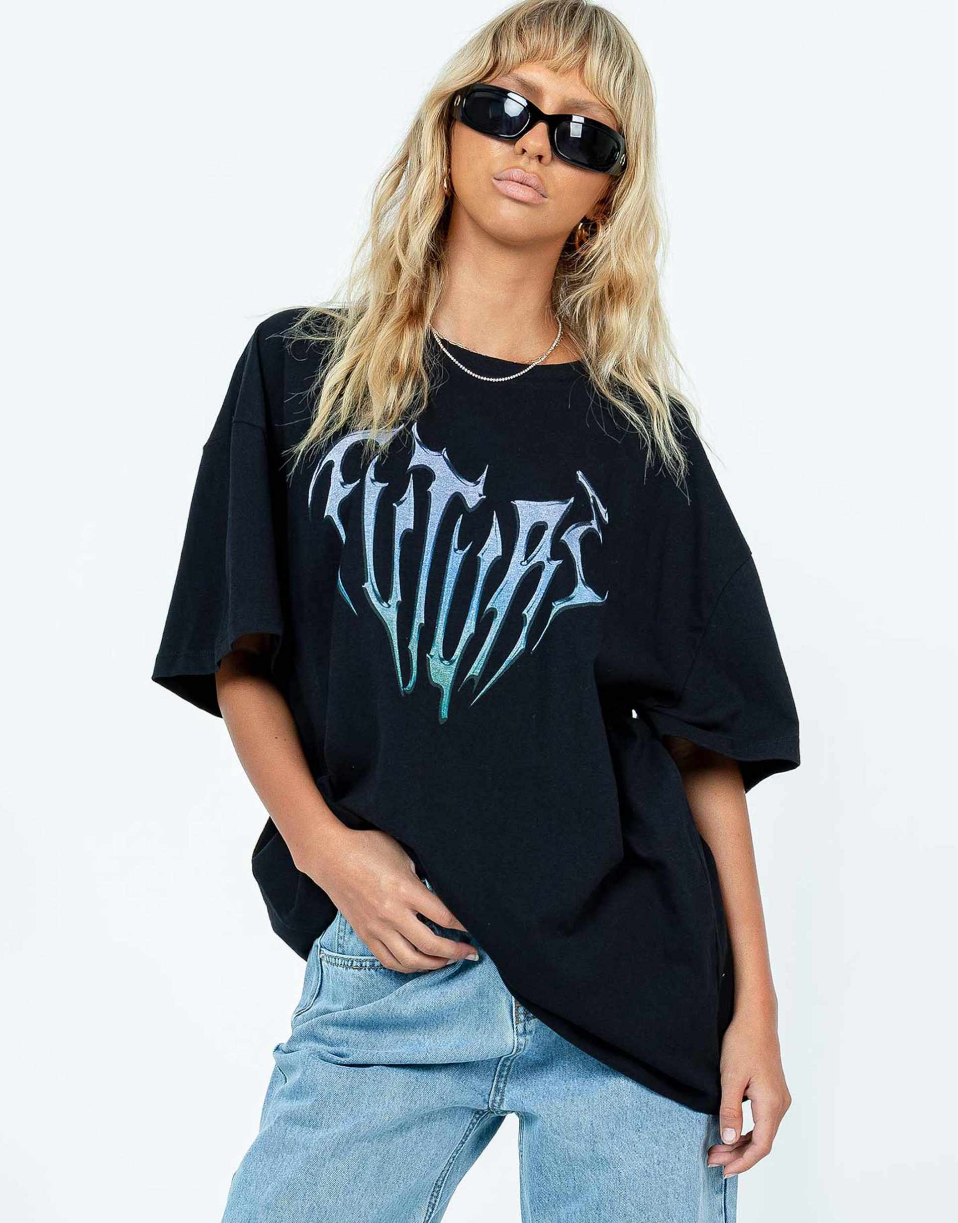 princess polly 'future' graphic oversized t-shirt in black