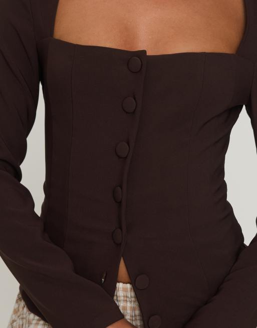 Princess Polly Gaskin top ajusté à col carré boutonné devant en chocolat, 2 de 4