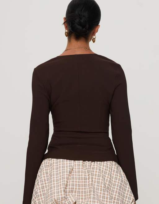 Princess Polly - Gaskin - Top boutonné ajusté à encolure carrée - Chocolat, 2 de 4
