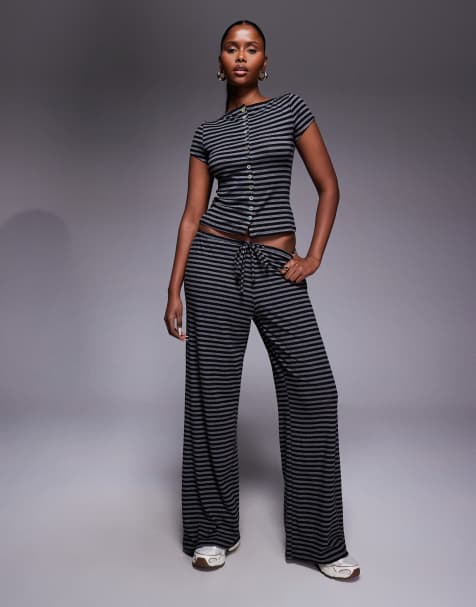 Princess Polly Gavrielle wide leg drawstring trousers co-ord in grey stripe - view 1