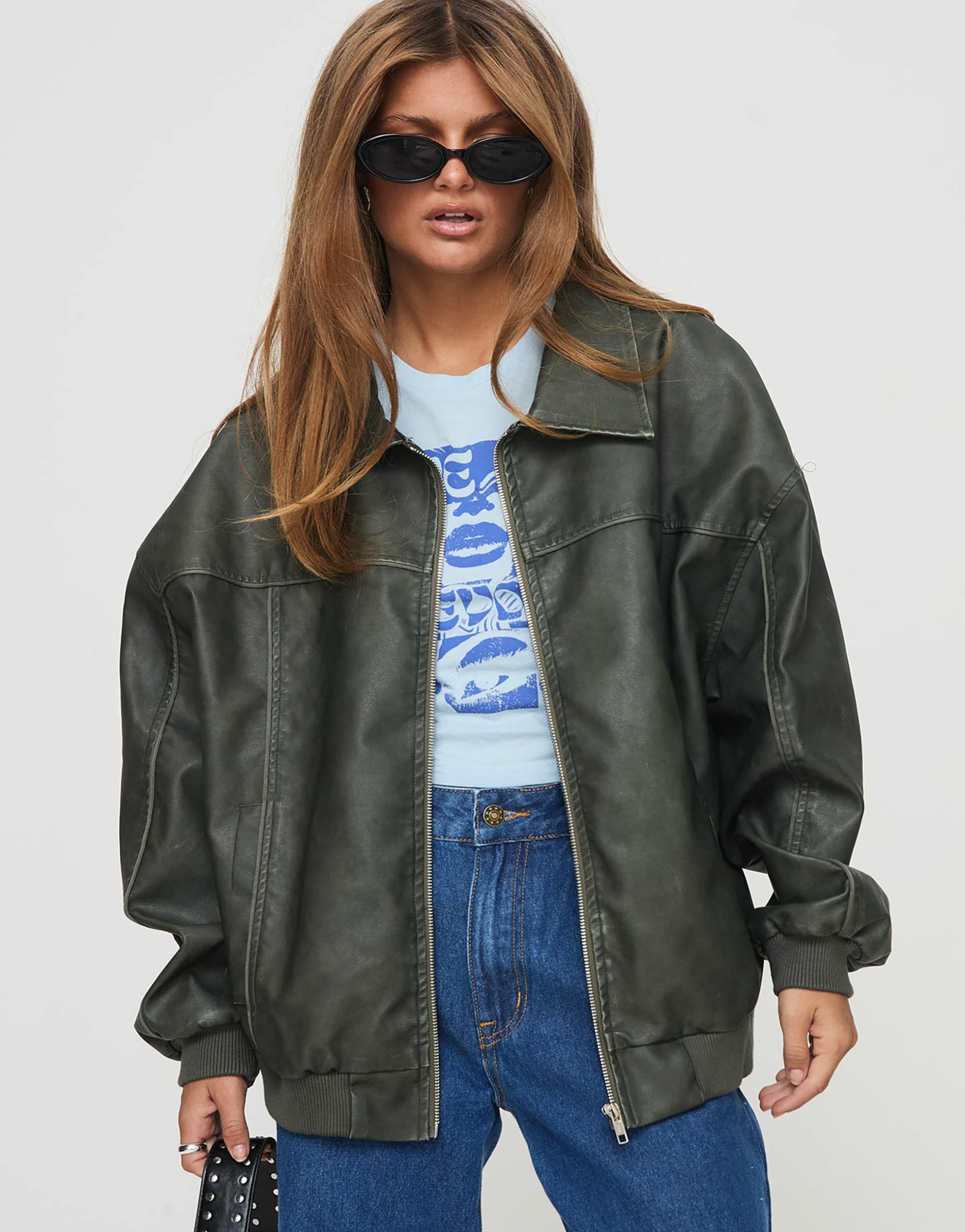 princess polly goldsmith faux leather seam detail bomber jacket in washed green