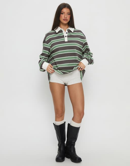 Princess Polly - Grøn oversized rugby-top med krave, lange ærmer og striber , 2 af 4