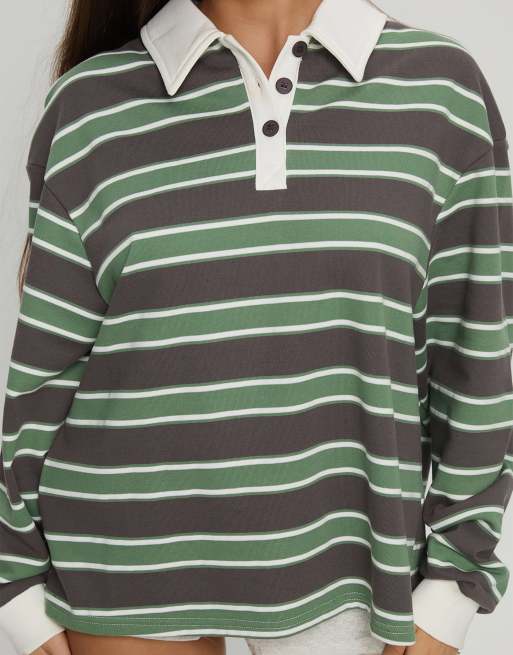 Princess Polly - Grøn oversized rugby-top med krave, lange ærmer og striber , 3 af 4