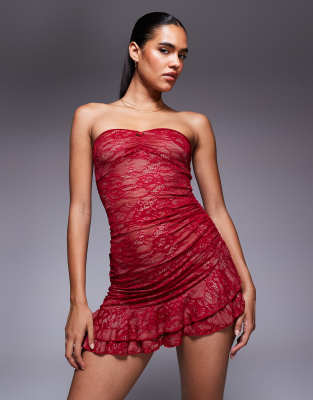 Princess Polly - Hailees - Robe bustier courte en dentelle avec bas volanté - Rouge