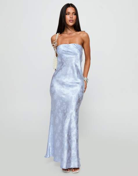 Princess Polly – Haley – Jasnoniebieska satynowa sukienka maxi w żakardowy kwiatowy wzór z dekoltem bandeau i wiązaniem na plecach - view 1