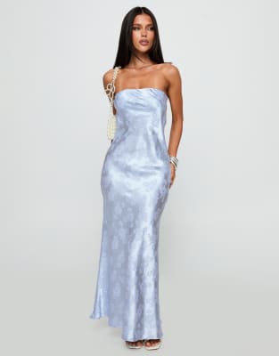 Princess Polly Haley satin floral jacquard bandeau tie cowl back detail maxi dress in light blue