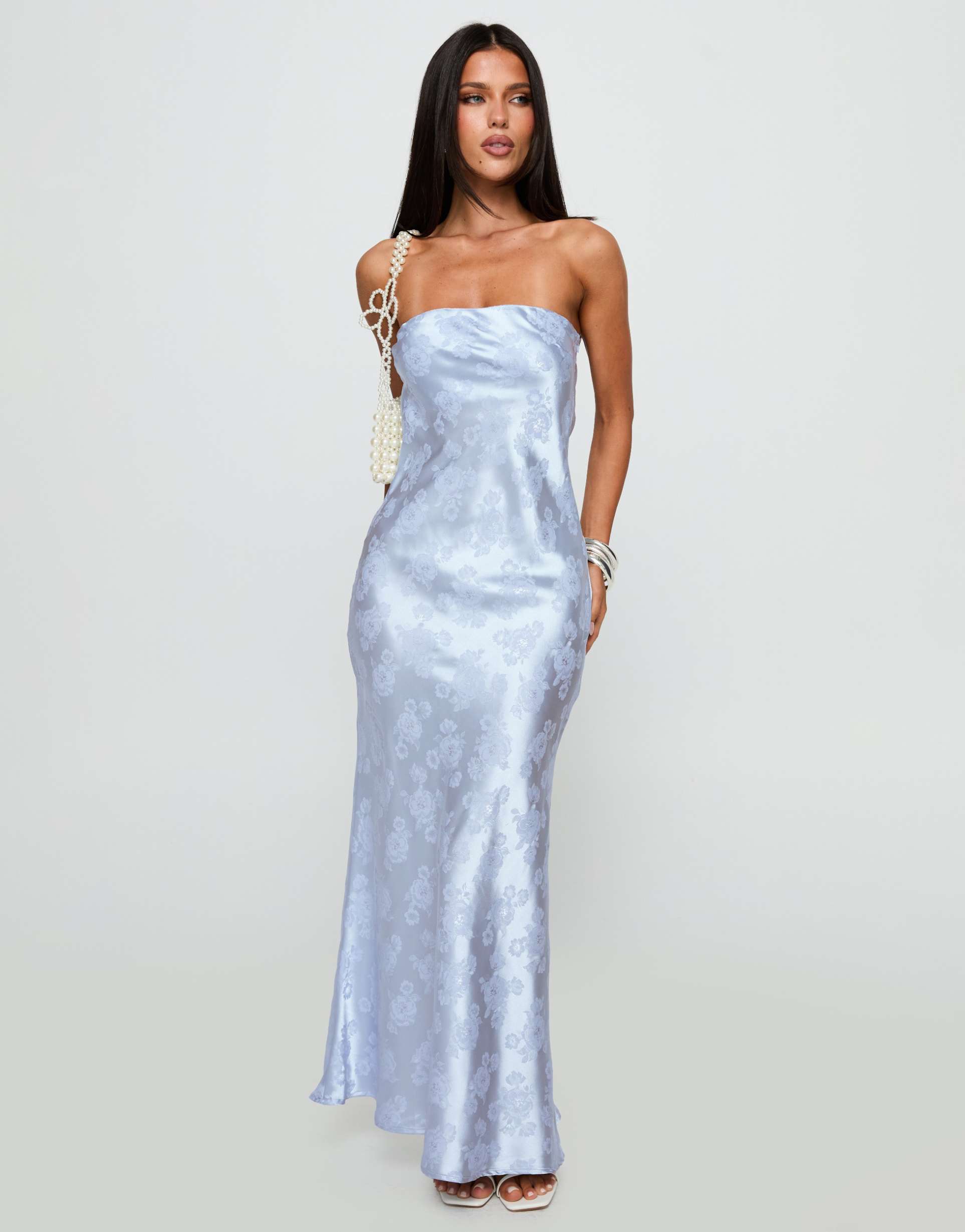 princess polly haley satin floral jacquard bandeau tie cowl back detail maxi dress in light blue