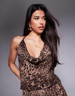 halter cowl neck top in leopard print - part of a set-Multi