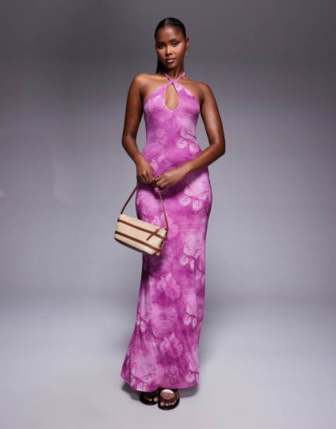Princess Polly halterneck keyhole detail open back maxi dress in purple butterfly print - view 1