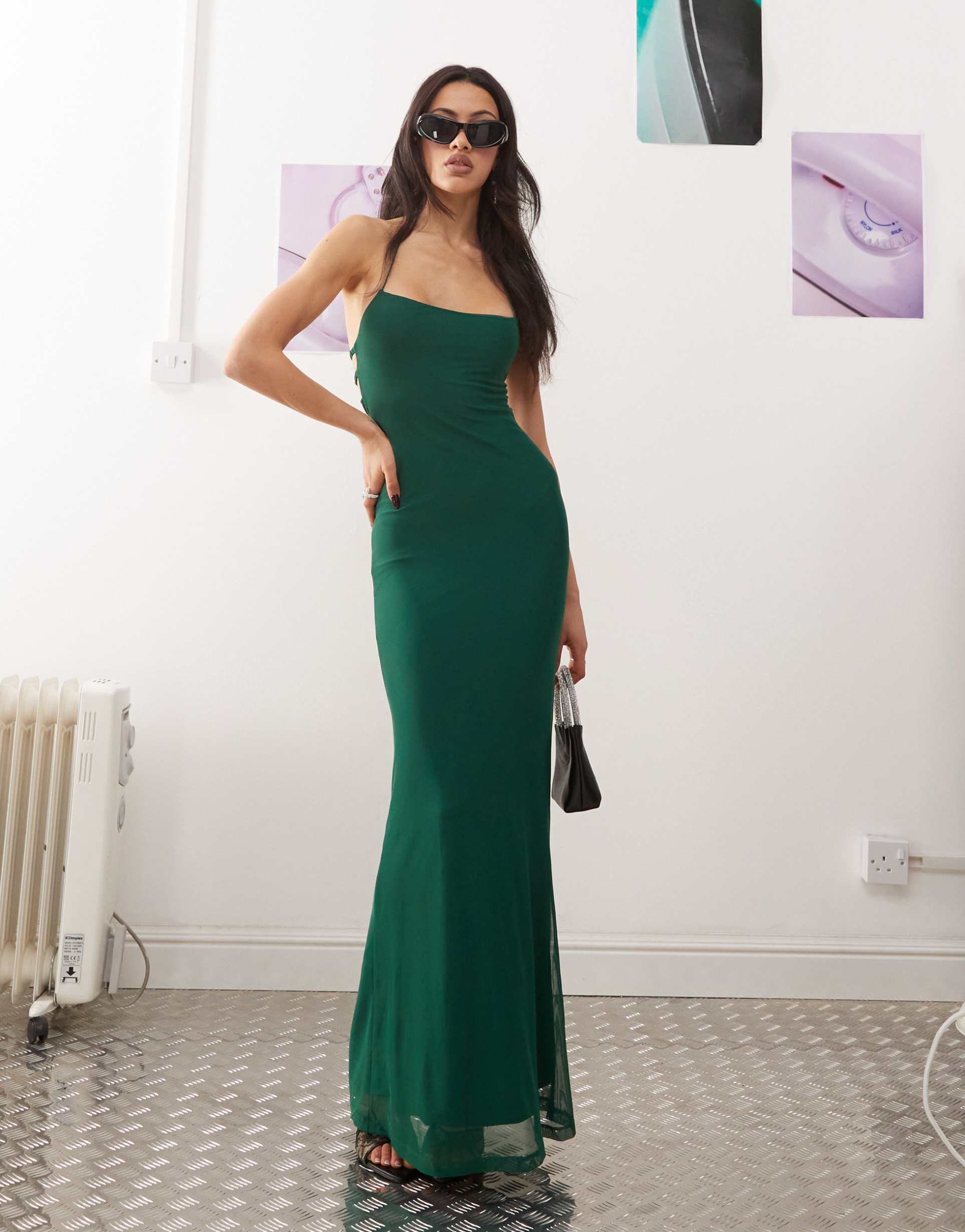 princess polly halterneck open back diamante buckle strap detail mesh maxi dress in emerald green