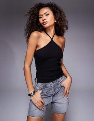 halterneck tie back top in black