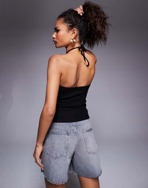 Princess Polly halterneck tie back top in black, 3 of 4