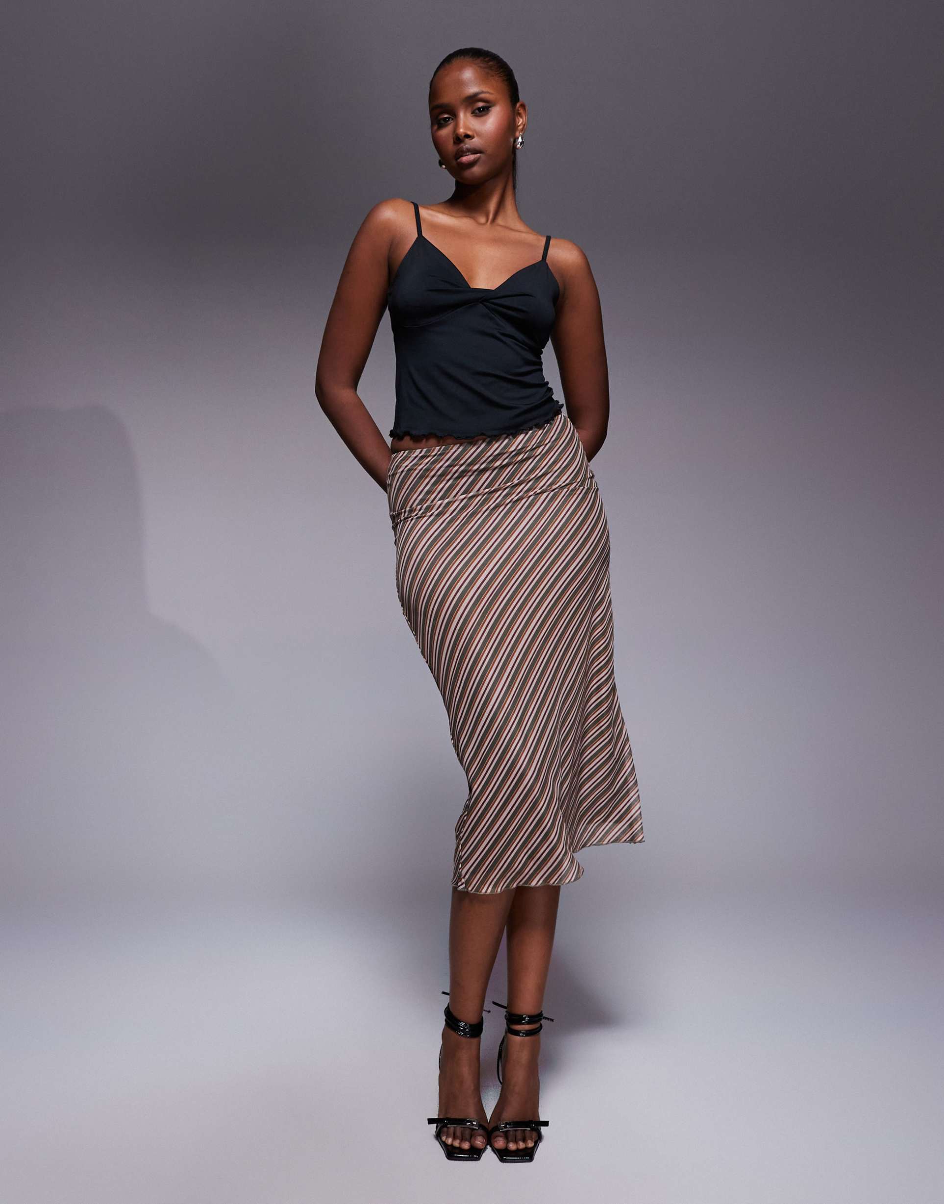 princess polly harbor mesh column down midi skirt in multi stripe